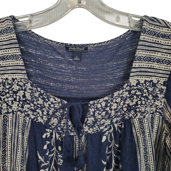Lucky Brand Women Sz L Shirt Blouse Boho Floral Peasant Tassel Tie Puff Sleeves - Picture 4 of 11